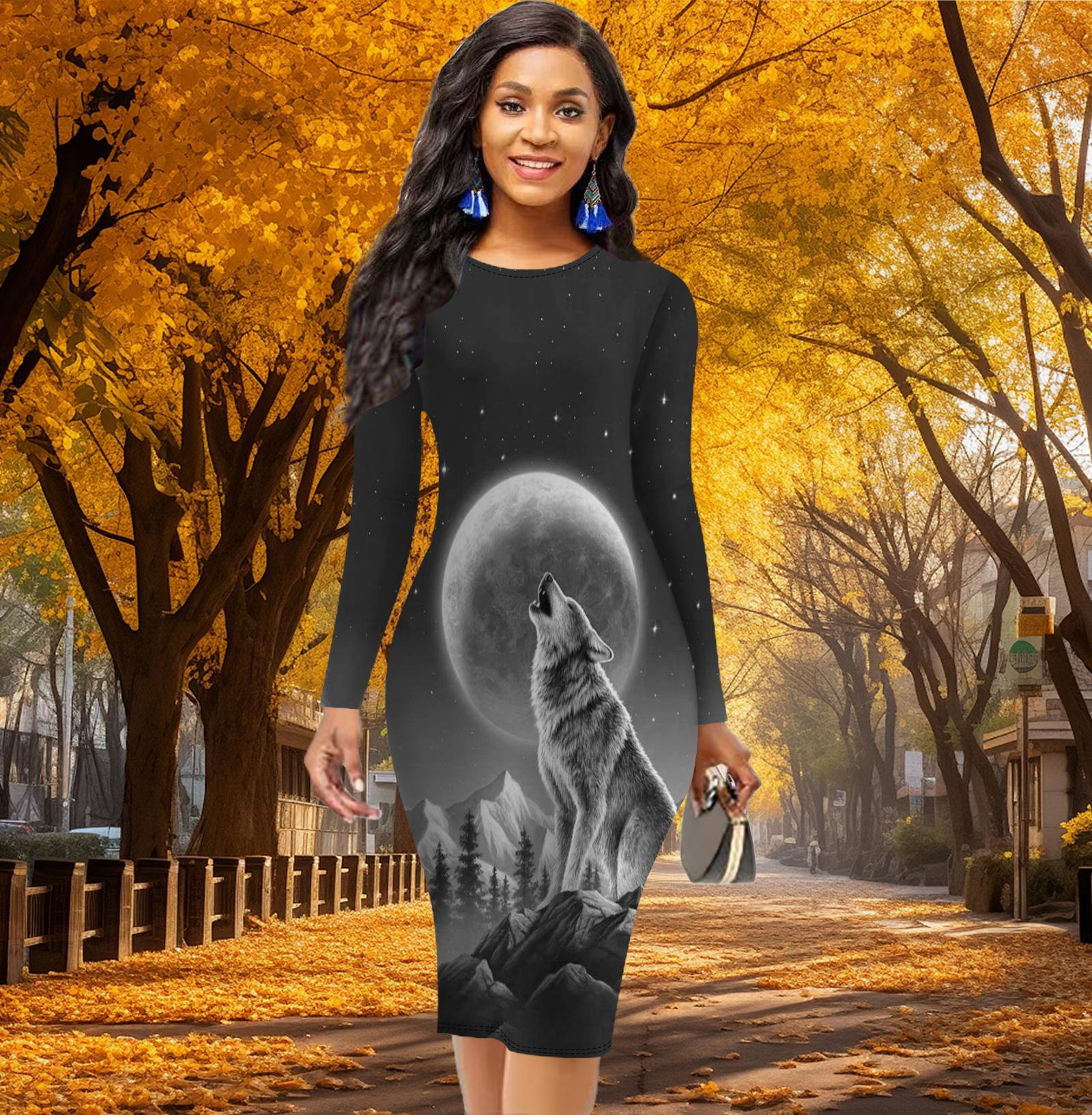 

Длинный рукав, облегающее офисное платье с принтом луны и волка, элегантное облегающее платье 8XL оранжевый