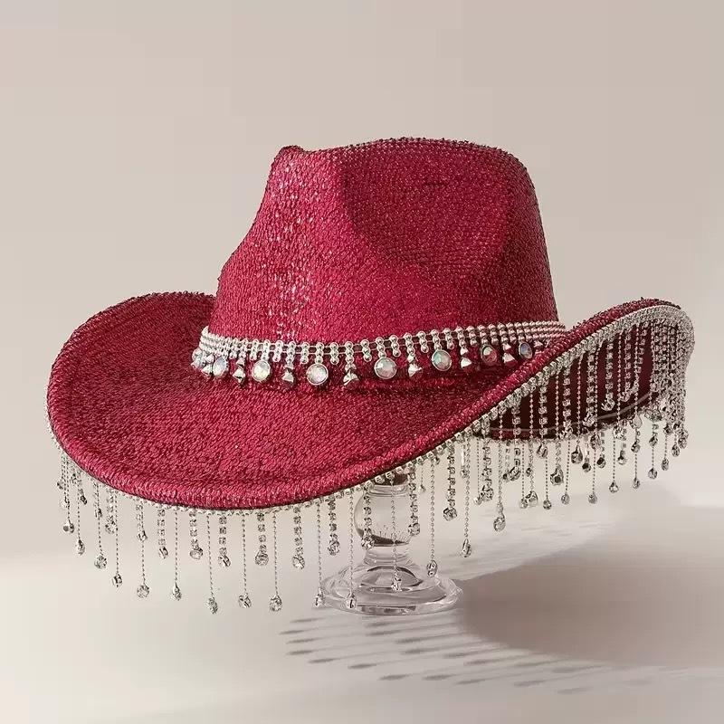 New Rhinestone Fringed Western Cowboy Hat Trendy Versatile Hat Women's Winter Party Party Jazz Top Hat