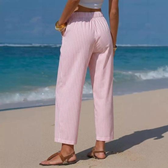 Summer Pants, Casual Wide Leg Trousers for Women, Elastic Drawstring Waist Long Trousers with Striped Print, for Everyday Wear