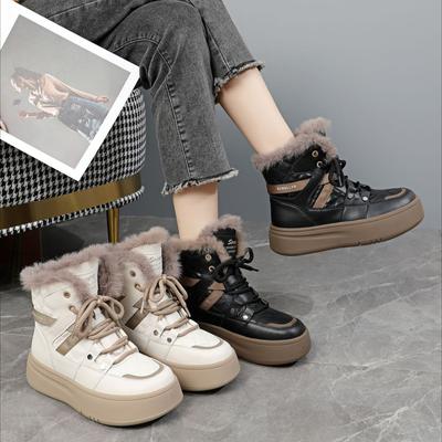 Damen Winterstiefeletten mit dicker Plateausohle, rutschfeste Stiefeletten mit Schnürung, Kunstfellfutter, Wanderschuhe, warme, bequeme, flauschige Kurzstiefel für Damen