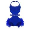 Girls Latin Dance Costume Sparkly Rhinestones Halter Leotard with Feather Skirt for Performance