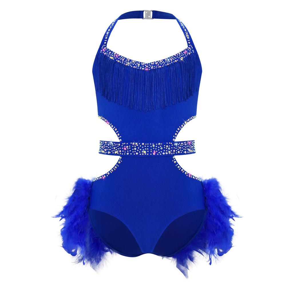 Girls Latin Dance Costume Sparkly Rhinestones Halter Leotard with Feather Skirt for Performance