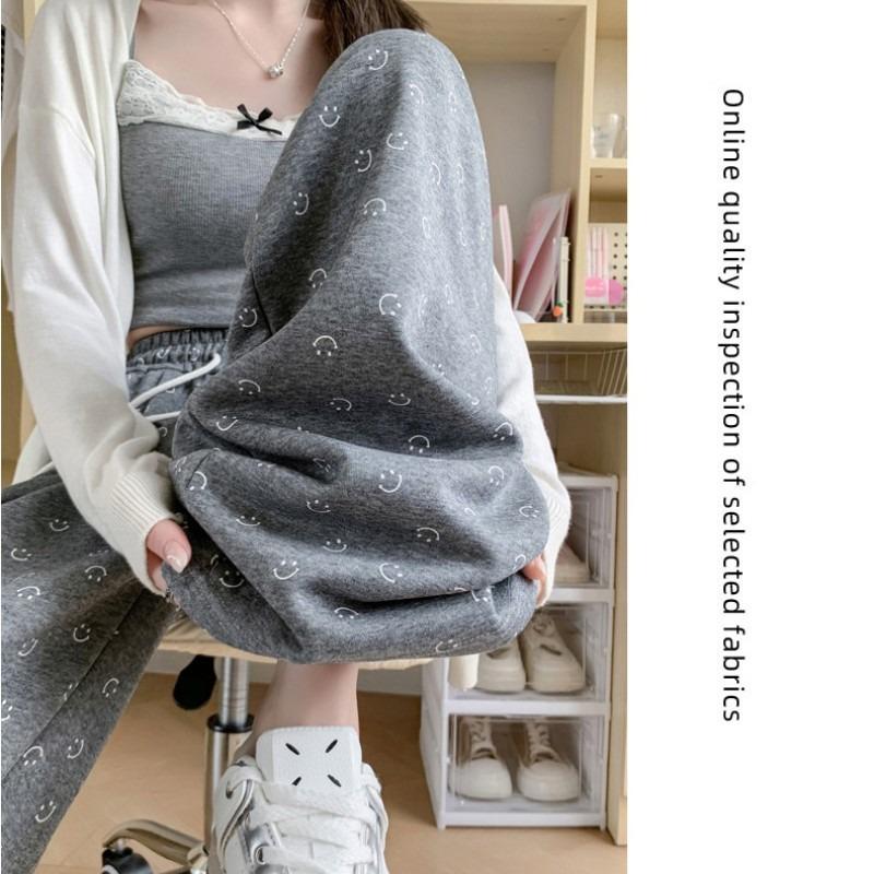 Grey smiley face print lazy wind wide-leg pants women's spring, autumn and winter high waist and thin versatile sports casual pants long pants