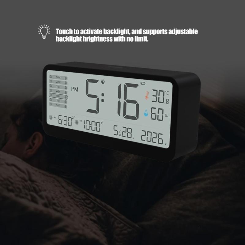 Bedside Alarm Clock with Temperature and Moisture Reading, Large Screen Room Clock with Two Alarms, Repeat Alarm, Night Light for Dorm Use