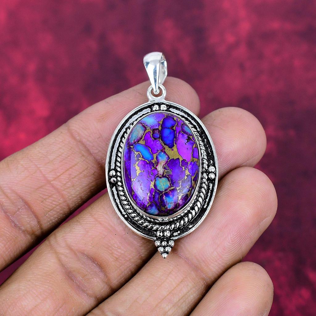 Purple Copper Turquoise Pendant, 925 Solid Sterling Silver Jewelry, Gemstone Pendant, Gift For Her Handmade Dainty Jewelry