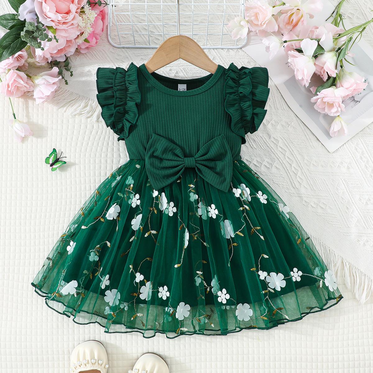 

Baby Girls Summer Dress, Bow Accent with Floral Tulle Skirt and Ruffle Sleeves 2-3Y британський гонщик зелений колір