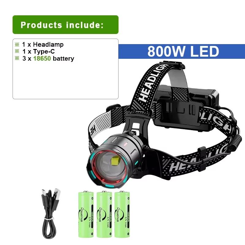 

2026 New High Power 800W LED Headlight 500000000LM Super Bright Zoom Waterproof Headlamp Outdoor Camping Work Hunting Lantern