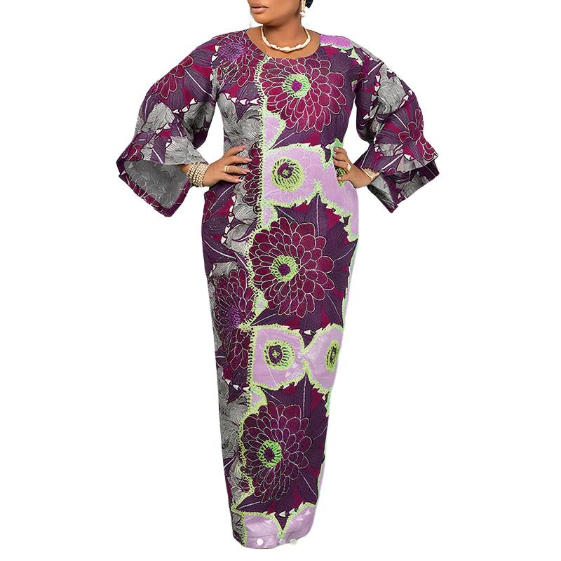 Plus Size Womens Casual Round Neck Long Sleeve Floral Printing Long Oversized Dress