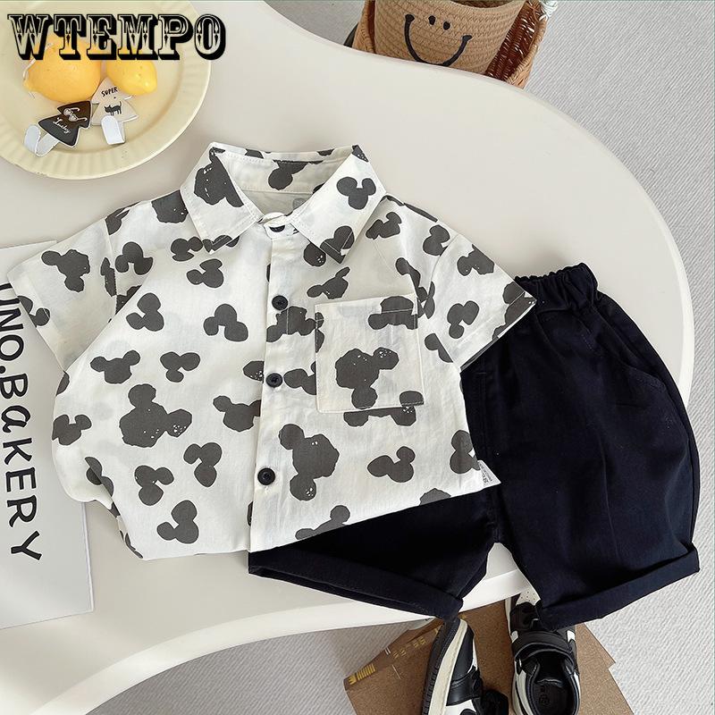

Children s Short Sleeved Collar Set Boys Cartoon Full Print Shirt Casual Shorts T-shirt+shorts Two-piece Set 80