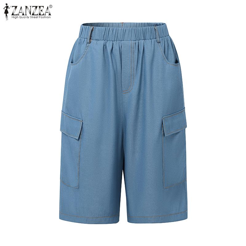 ZANZEA Women Casual Elastic Waist Solid Color Fifth Pants