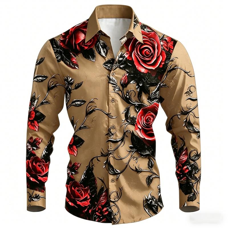 2026 New Men's Shirt with Black Background and Red Rose Print, Slim Fit and No Iron Business Casual Shirt, Versatile Top