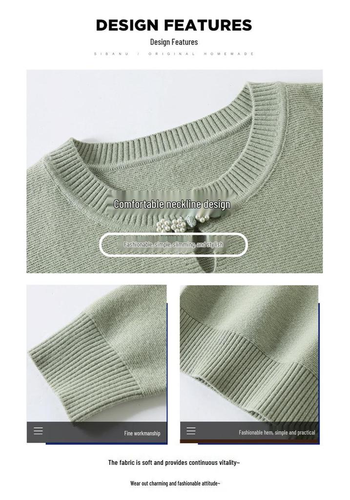 Chic Autumn Knit Sweater for Middle-Aged Women - Round Neck, Long Sleeve, Lightweight Base Layer