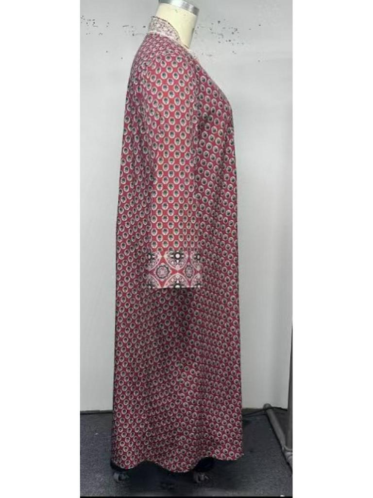 Middle Eastern Plus Size Red Floral V-Neck Long Dress with Retro Geometric Patterns and Elegant Ethnic Style