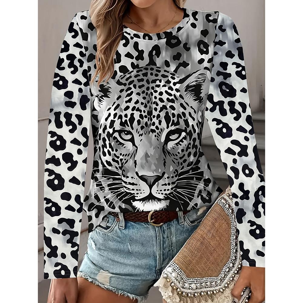 3D Leopard Print Women's Long Sleeved T-shirt City Street T-shirt