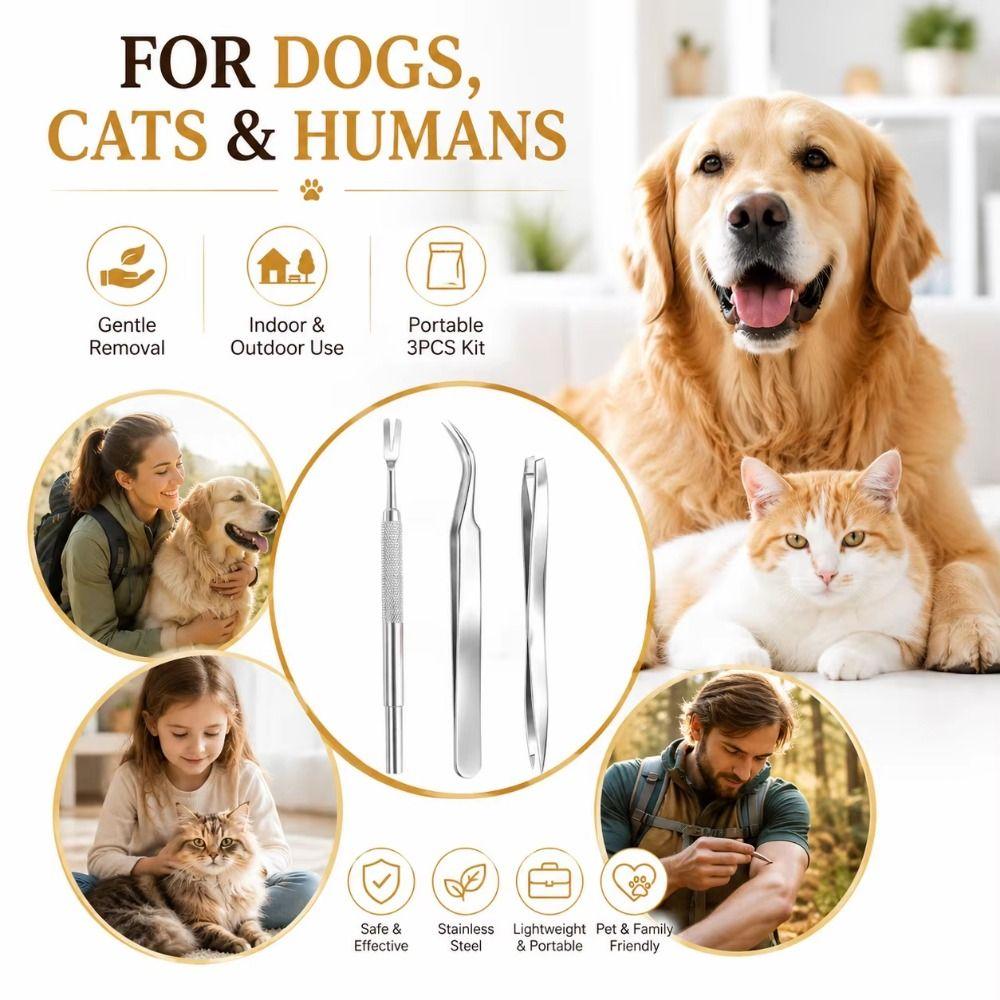 3Pcs/Set Tick Fork Tick Removal Tool Stainless Steel Pet Tick Hook for Pets