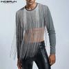 INCERUN Men Round Neck Front Tassel Patchwork Long Sleeve Casual Crop Tops T-shirts