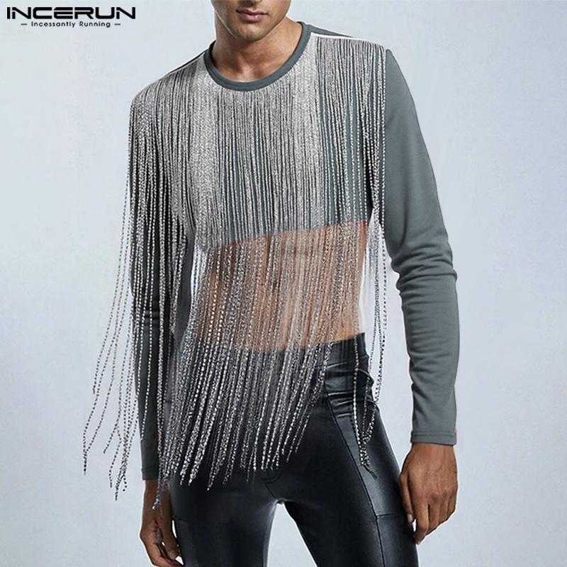INCERUN Men Round Neck Front Tassel Patchwork Long Sleeve Casual Crop Tops T-shirts