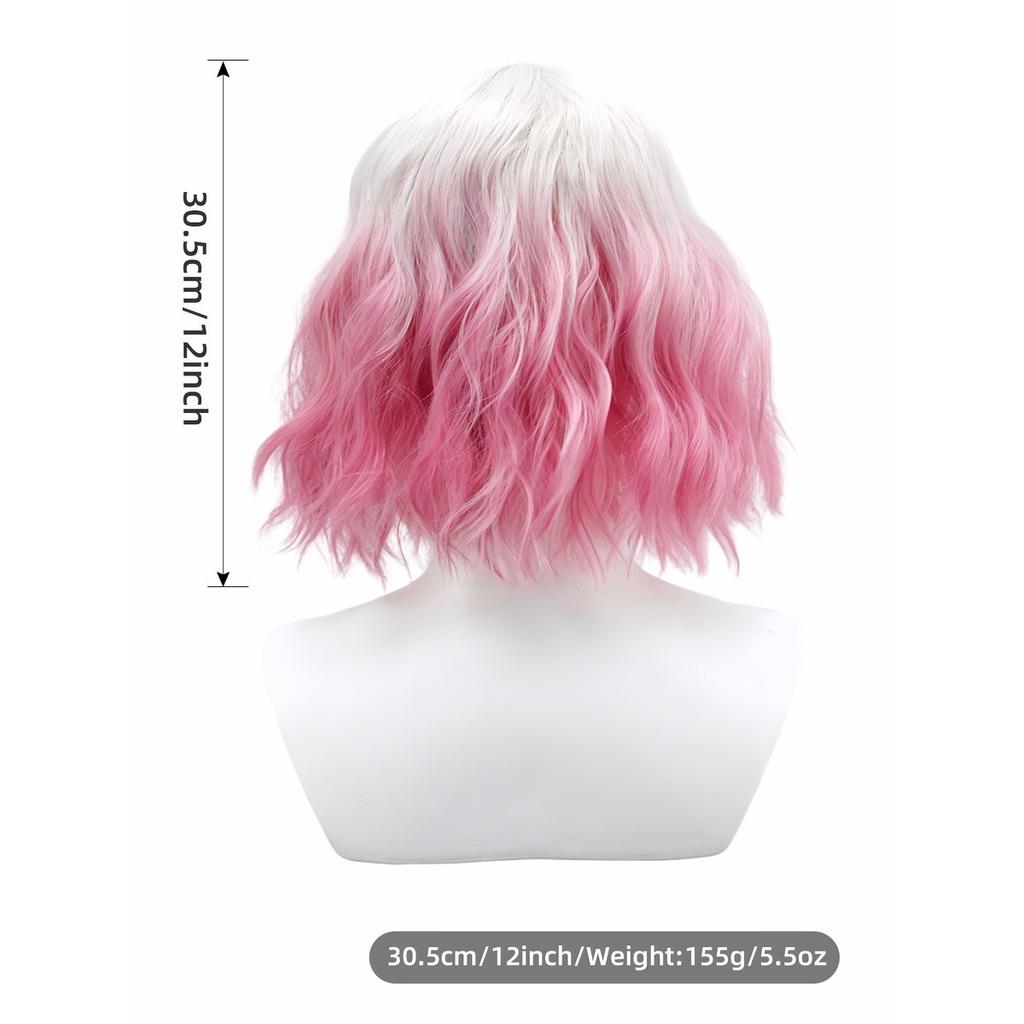Fantasy White Gray Pink Gradient Air Bangs Chemical Fiber Synthetic Wig | Short Wave Curly Hair |sweet Cool Girl Youth Style Wig
