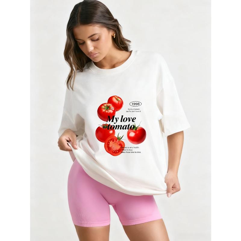 Oversized T Shirt Black Tomatoes Print With My Love Tomatoes Text Casual Wear For Women Summer Outfits Streetwear Fashion Trendy Top