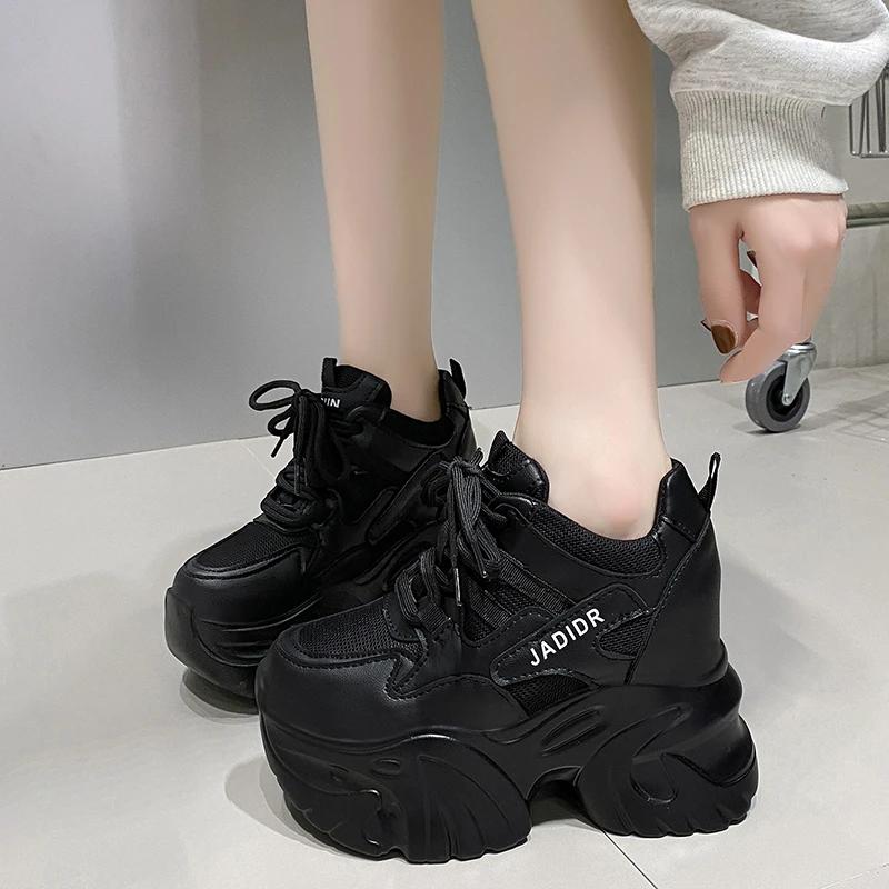 Móda 10,5CM Dámské Kožené Robustní Tenisky Nový Podzim Skryté Podpatky Ležérní Sportovní Dad Shoes Silná Podrážka Platforma Prodyšné Tenisky Žena
