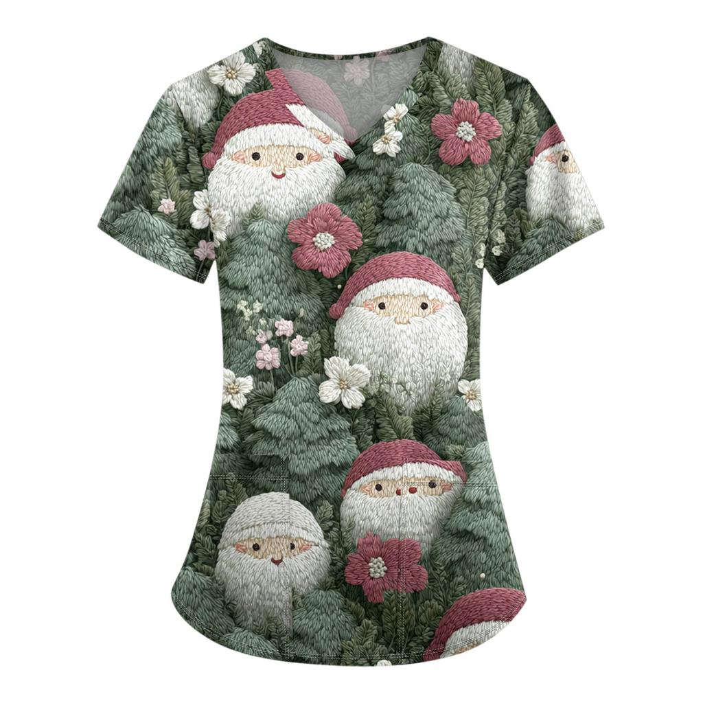Damen-Bluse mit Weihnachtsdruck, kurzärmelig, V-Ausschnitt, Arbeitstasche