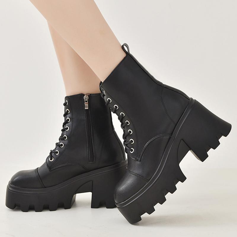 

Women Punk Ankle Boots Platform Motorcycle Boots Lace Up Cool Block Heel Shoes Chain Decoration Casual Outdoor Shoe Plus Size 43 43 чёрный