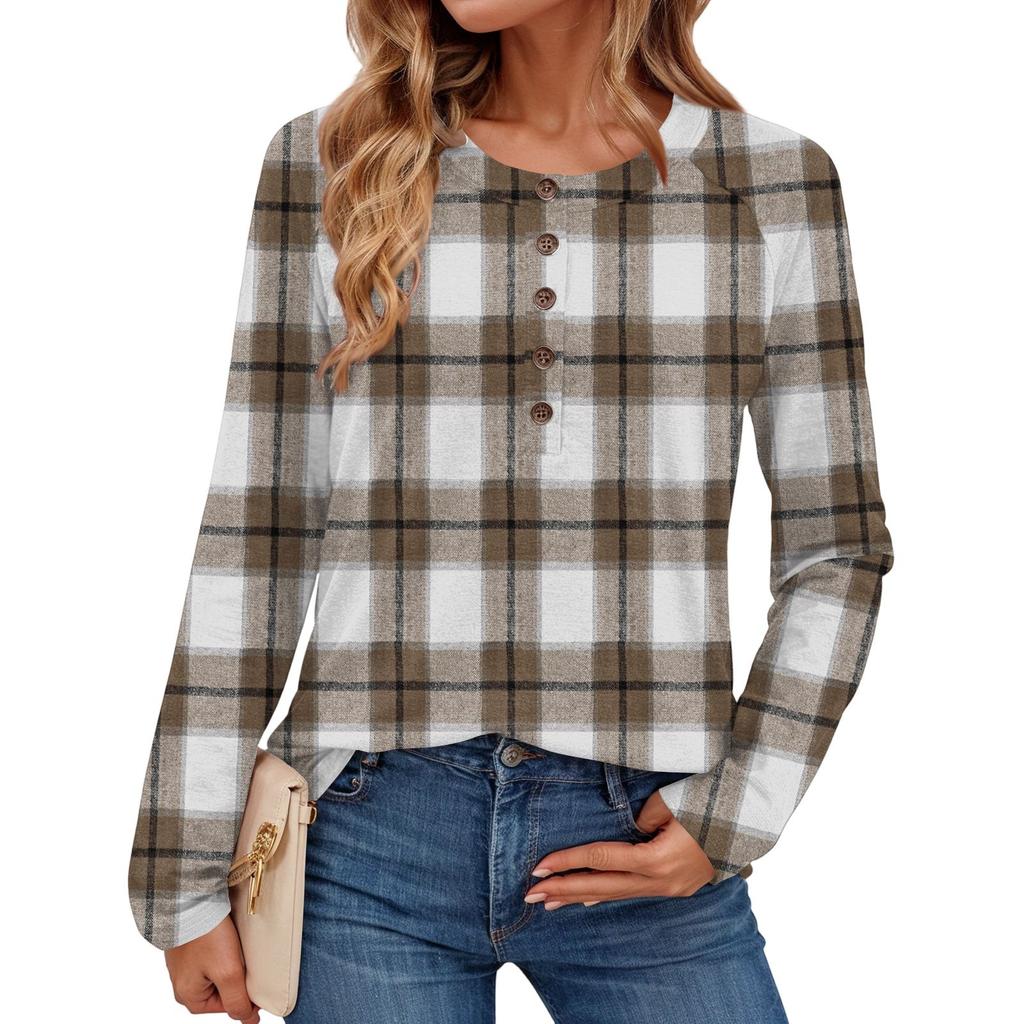Women's Fashionable Plaid Print Round Neck Long-sleeved Top