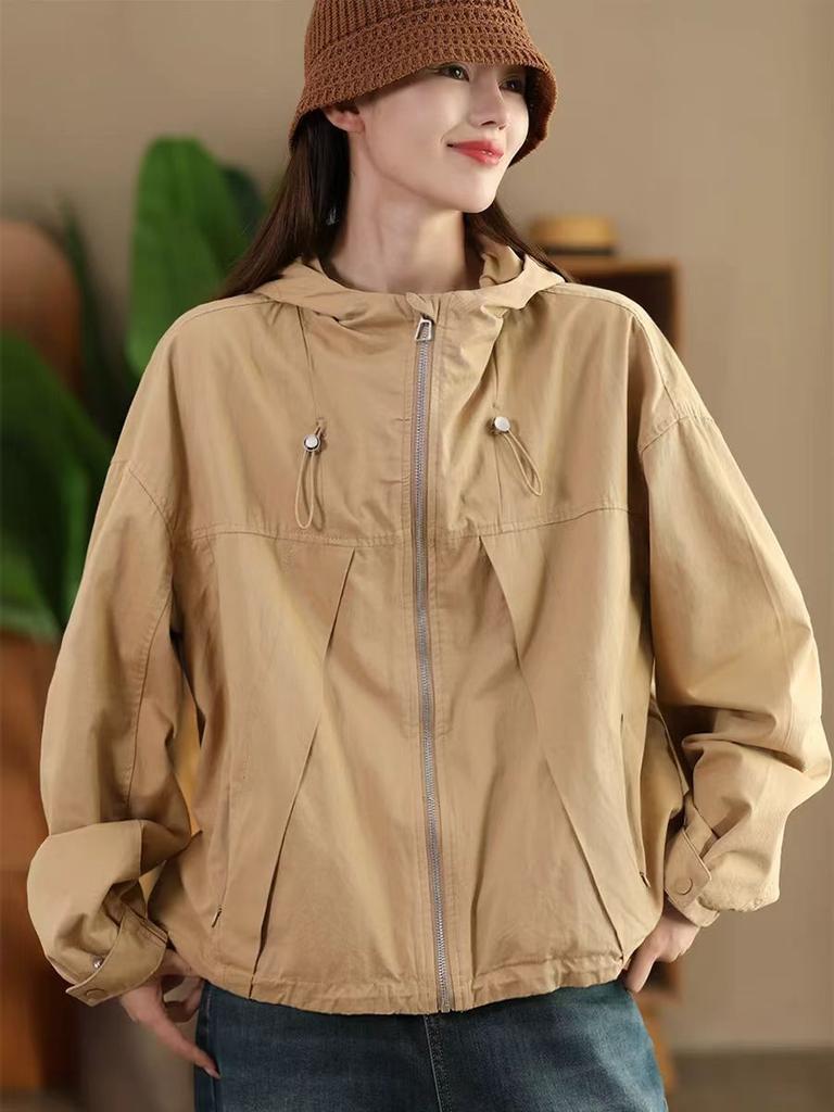 Johnature Woman Autumn Drawstring Long Sleeves Loose Casual Coat Solid Color Zipper Hooded Splicing Coat