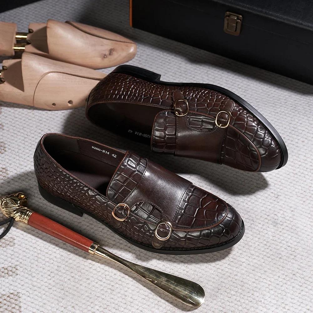Fashion Men's Luxury Genuine Leather Loafers Double Buckle Monk Strap Slip-On Casual Shoes Crocodile Pattern Wedding Dress Occasions