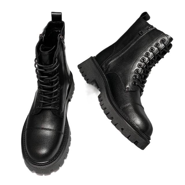 Svarta Martin-kängor Dam Ko Läderskor Platå Grova Kängor Snörning Ankelkängor Vinter Höst Dragkedjeskor