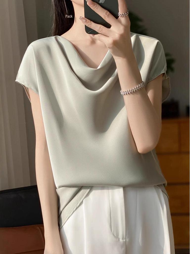 Women's French Style Ruffle Neck Short Sleeve Top - Solid Color Summer 2025