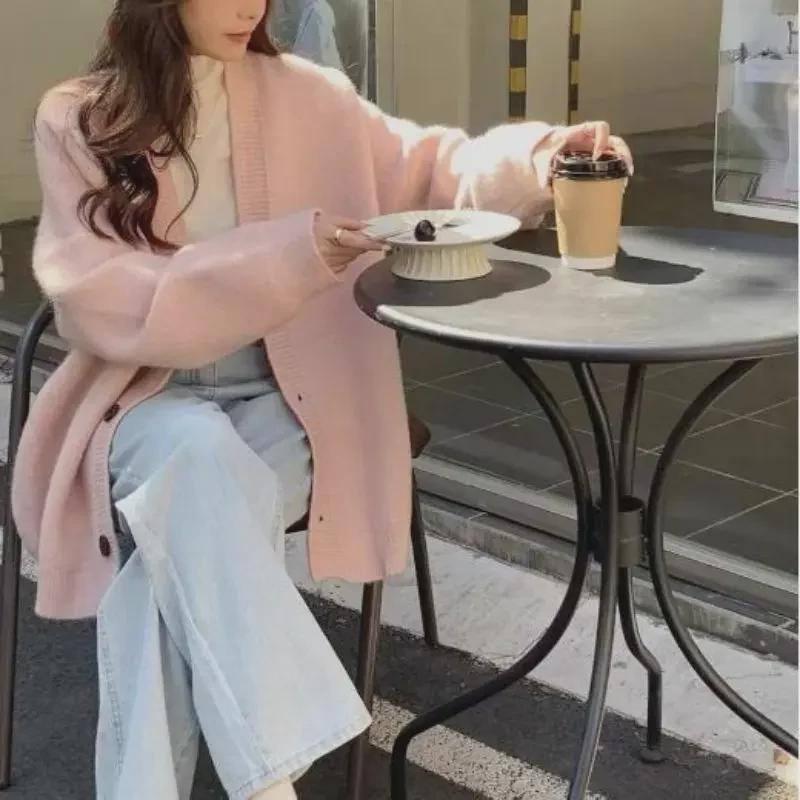 2024 Autumn/Winter Women's Soft V-Neck Pink Cardigan Sweater - Simple, Lazy Style Knit Outerwear