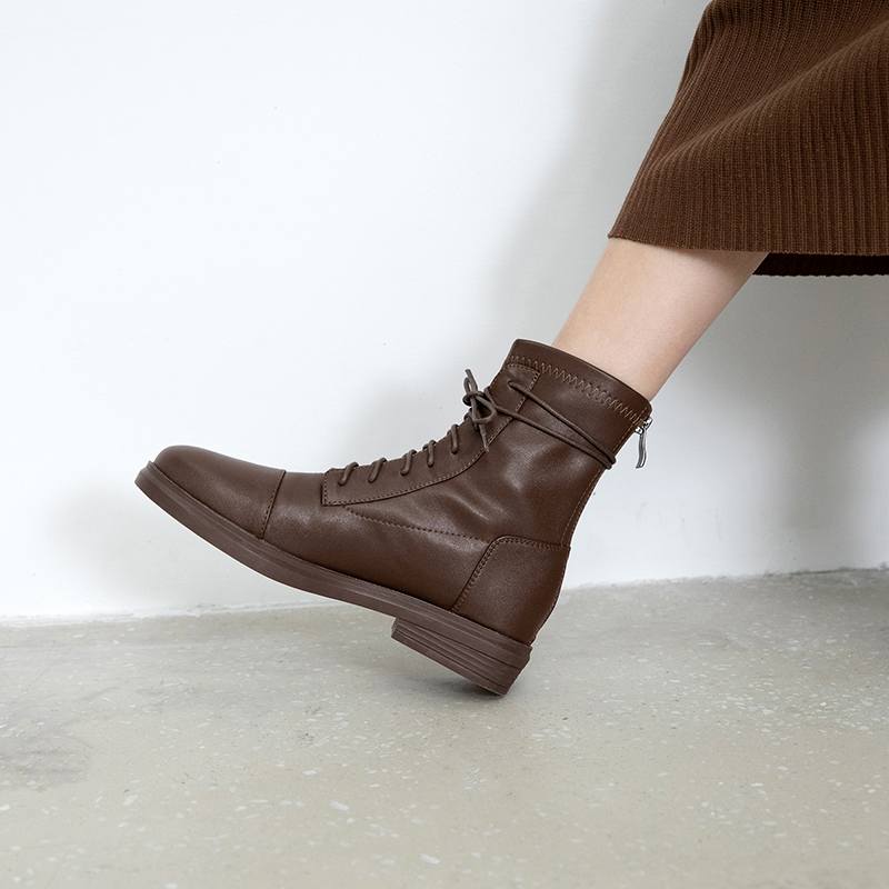 Krazing Pot Skórzane buty zimowe z okrągłym noskiem, grube, niskie obcasy, motocyklowe, damskie, sznurowane, duży rozmiar 43, botki