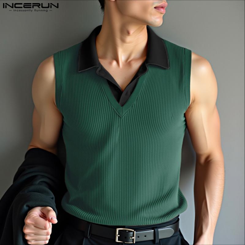INCERUN Canotte a Costine Casual Larghe da Uomo con Risvolto Scollo a V Senza Maniche Cuciture