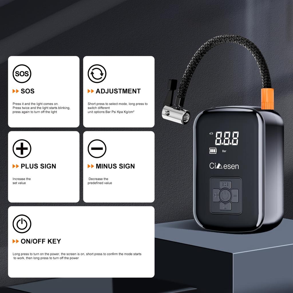 Portable Tire Inflator Digital Display Multifunctional 3 Nozzle Adapter