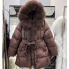 European winter new fur fox fur collar down jacket women's medium and long lace-up waist thickened coat