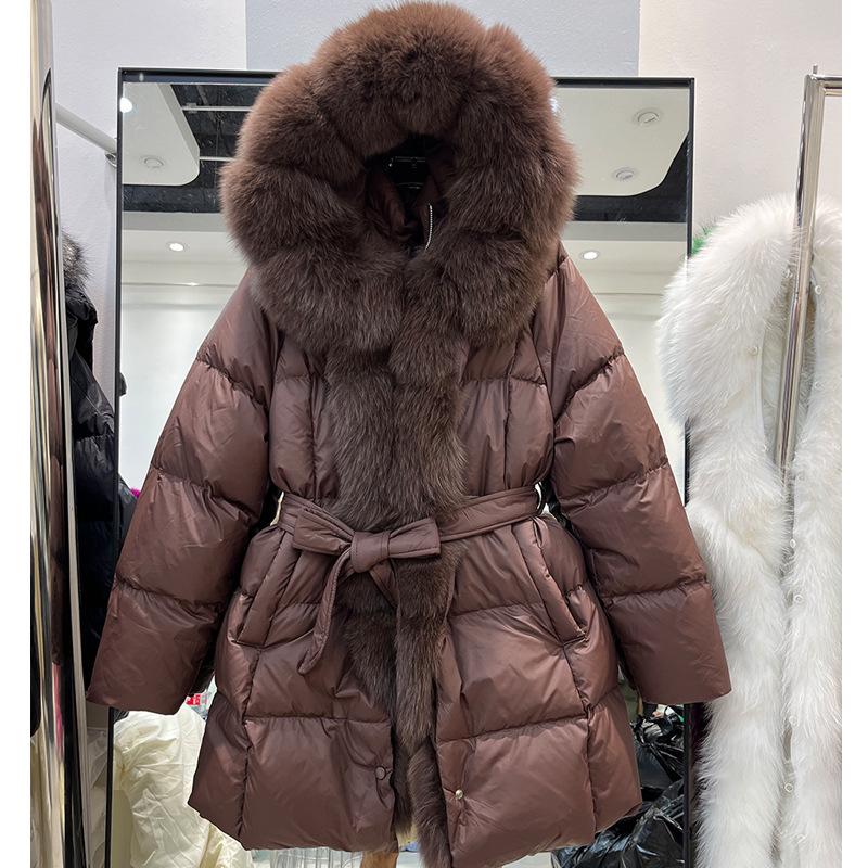 European winter new fur fox fur collar down jacket women's medium and long lace-up waist thickened coat