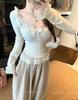 Chic Lace Patchwork Bow Tie Long Sleeve Plush Top for Autumn/Winter