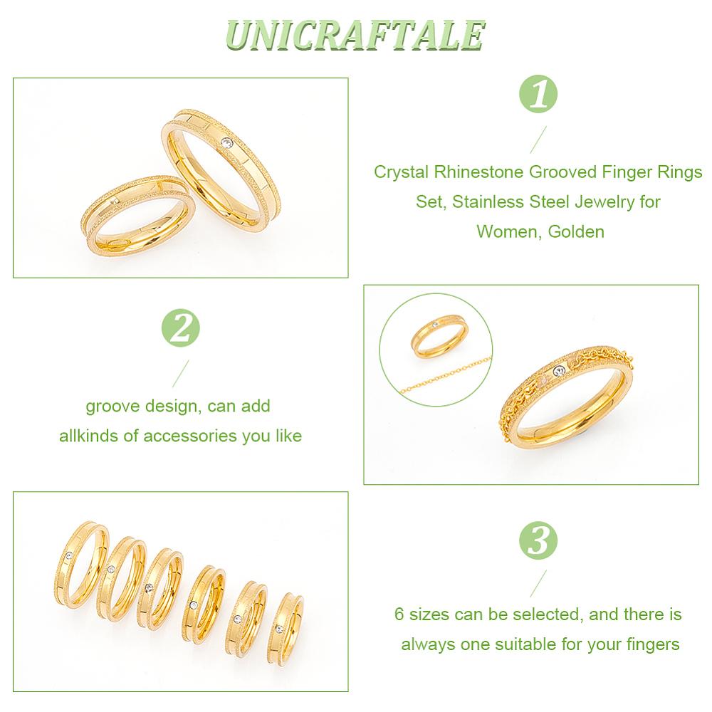 12Pcs 6 Size Crystal Rhinestone Ring, Grooved Finger Rings Set, Stainless Steel Jewelry for Women, Golden, Inner Diameter: 16~21.2mm, 2Pcs/size