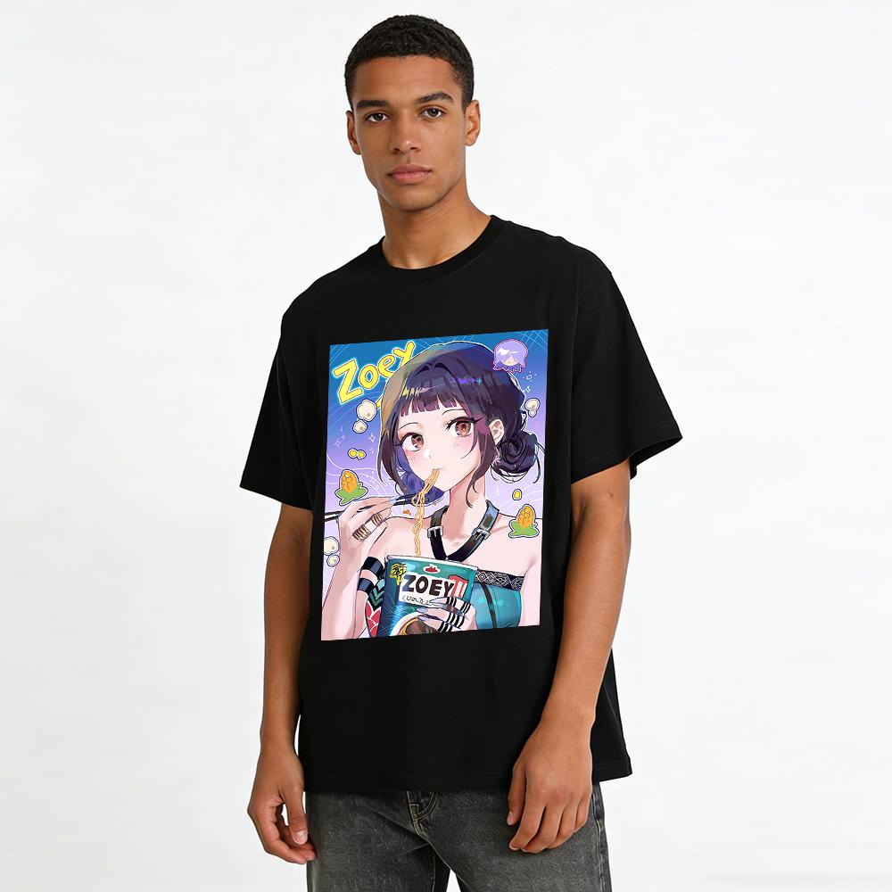 Anime Style Noodle Girl Print T-Shirt Loose Casual Unisex Crewneck Top Trendy Japanese Cartoon Tee Pure cotton T-shirt