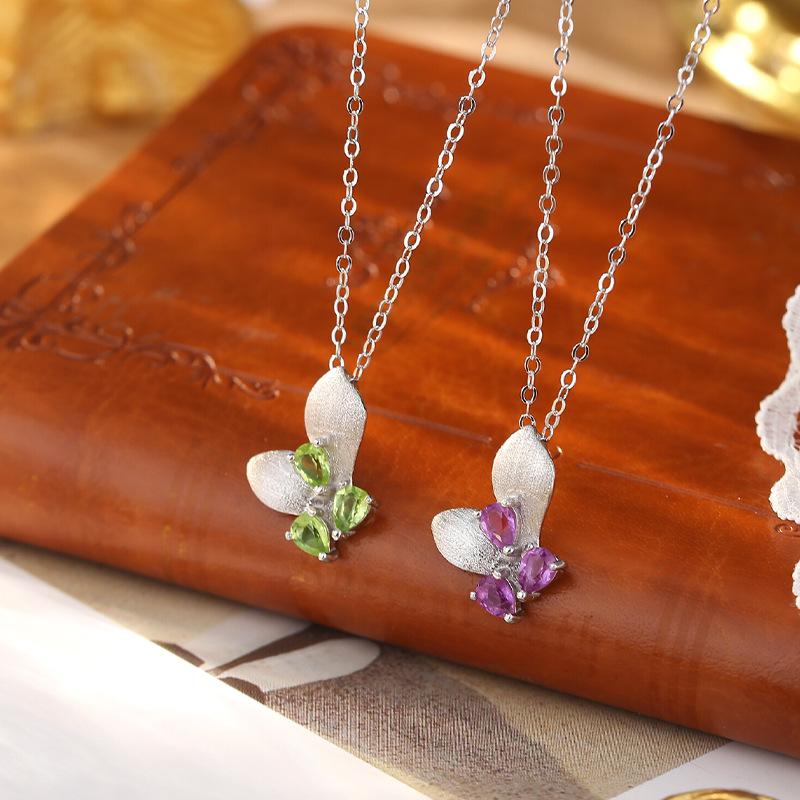 S925 Sterling Silber gebürstete Textur Schmetterling Halskette Wassertropfenform Naturkristallstein Leichter Luxus Tägliche Accessoires Schmuck Geschenk