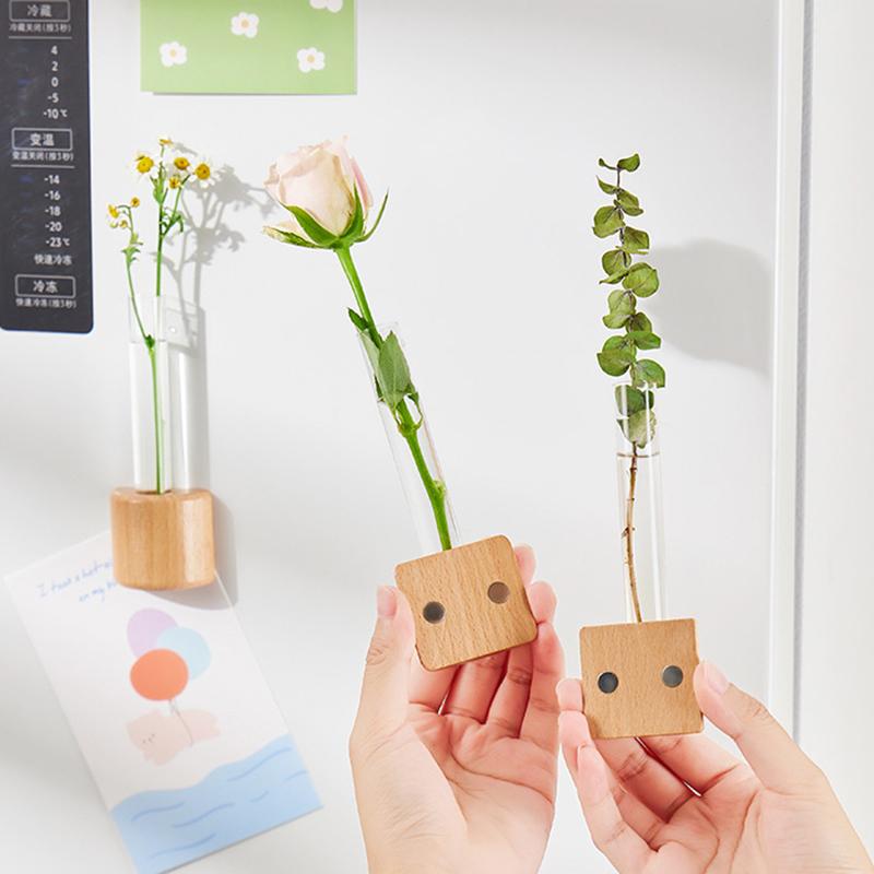Refrigerator Magnet Hydroponic Plants Mini Test Tube Glass Vase DIY Wooden Vase Planter Home Office Decor Flower Arrangement