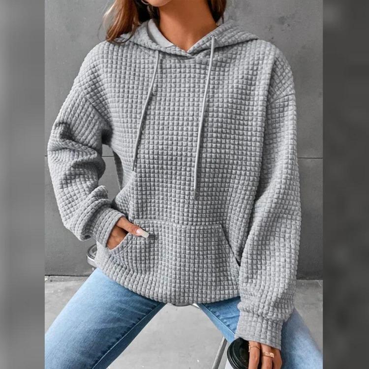 Damska bluza z długim rękawem, wkładana przez głowę, jednolita, w kratę, z okrągłym dekoltem i kieszenią