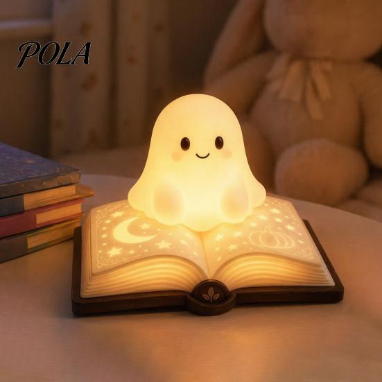 Safe Bedside Lamp for Kids Magic Book Ghost Night Light, Resin Tabletop Warm Glow with Moon Gift Lovers Star Relief, Cute Sleeping Light Bedroom,