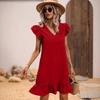 Women's V Neck Ruffle Sleeve Loose Fit Solid Color Casual A Line Summer Dress