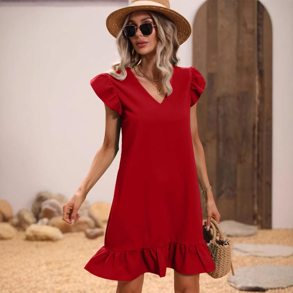 Women's V Neck Ruffle Sleeve Loose Fit Solid Color Casual A Line Summer Dress
