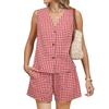 2025 Summer Women's Linen Plaid Two-Piece Short Set: European & American Vacation Style Vest Outfit