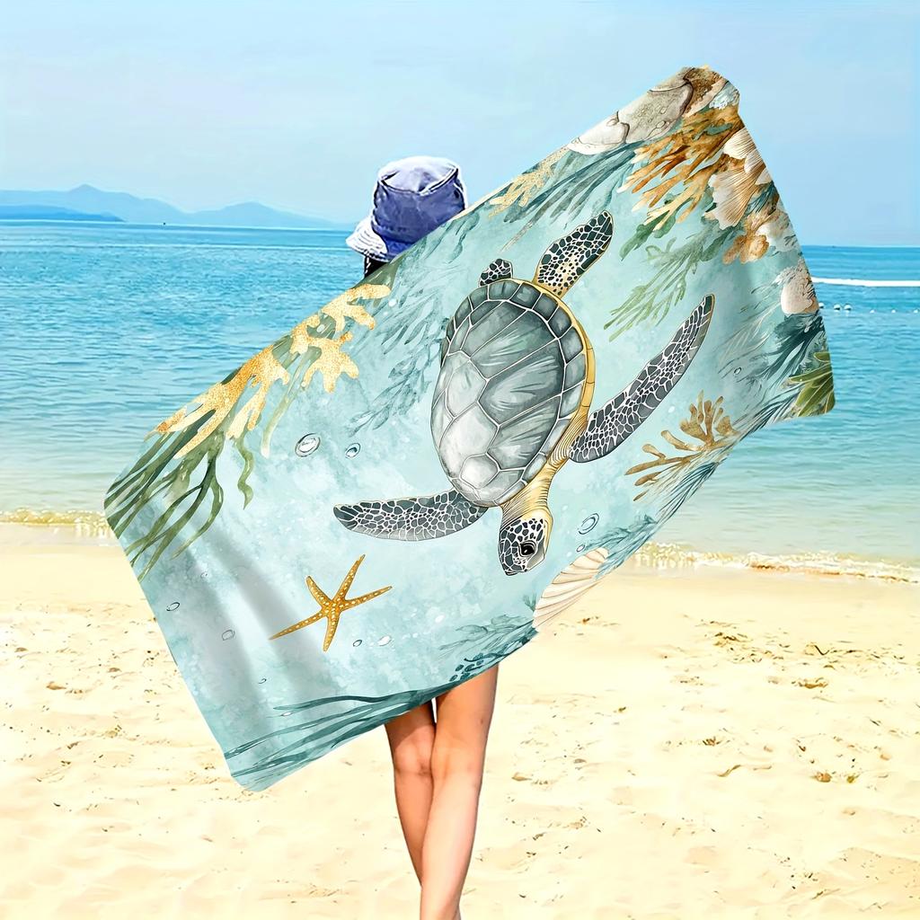 Vintage Sea Turtle Microfiber Beach Towel Extra Large Soft Comfortable Knit Fabric Towel with Fantasy Marine Pattern Quick-Dry