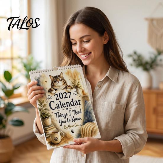 Large Grid Monthly Planner 2027 Cat Wall Calendar with Watercolor Illustrations, for Thick Paper Hanging Home Office, Coil Binding, 12x8 Inches Office