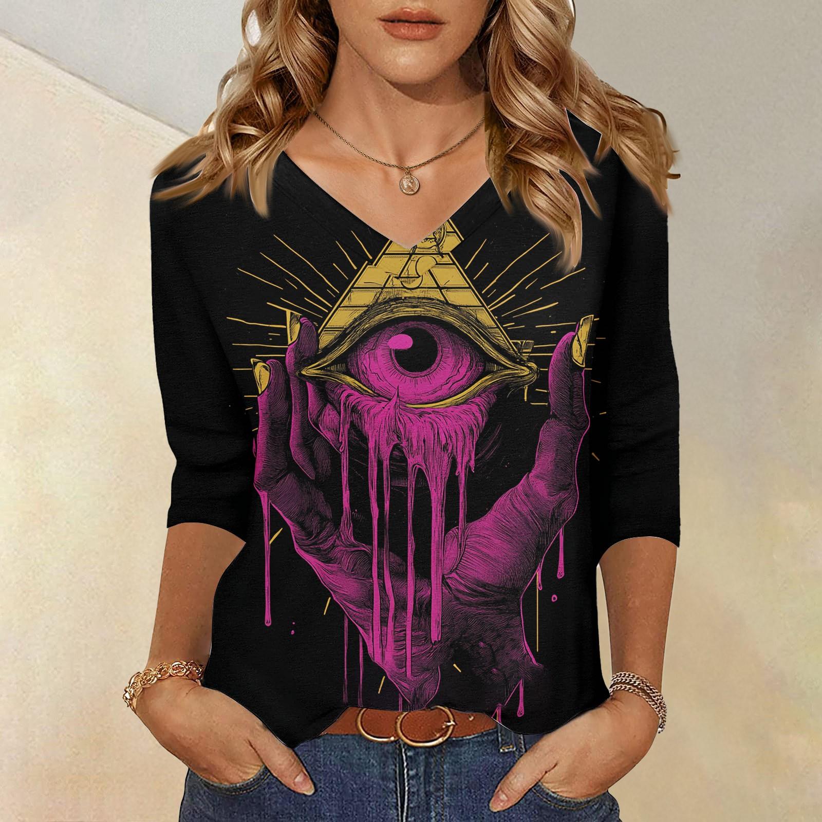 

Женские топы, рубашка с рукавом три четверти, свободная повседневная рубашка с V-образным вырезом, футболка с принтом персонажей XL фиолетовый